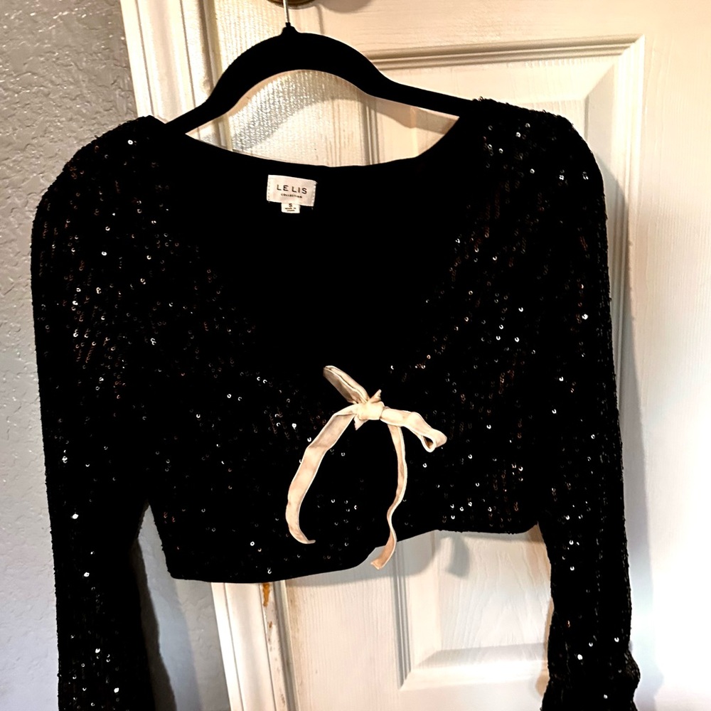 Le Lis Black Sequin Long Sleeve Crop Top